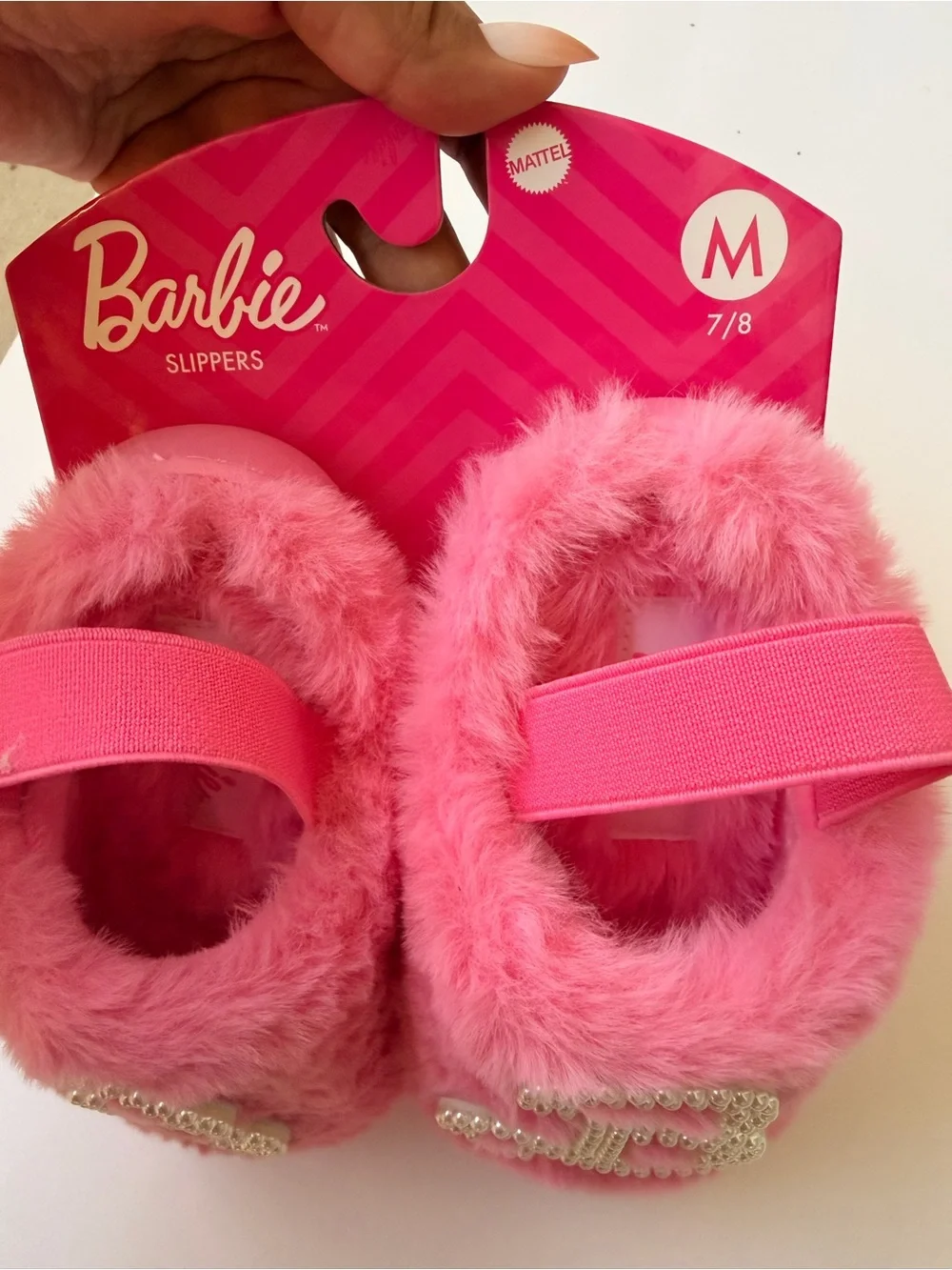 Barbie Pink Pearl 'B' Fuzzy Kids Slippers